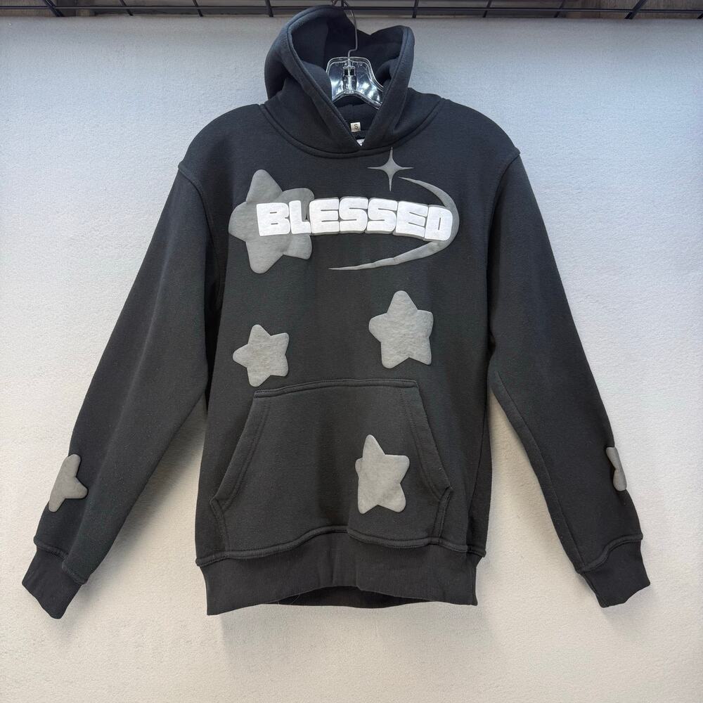 Blessed Hoodie Women's S Black Grey Puffy Graphic With Stars